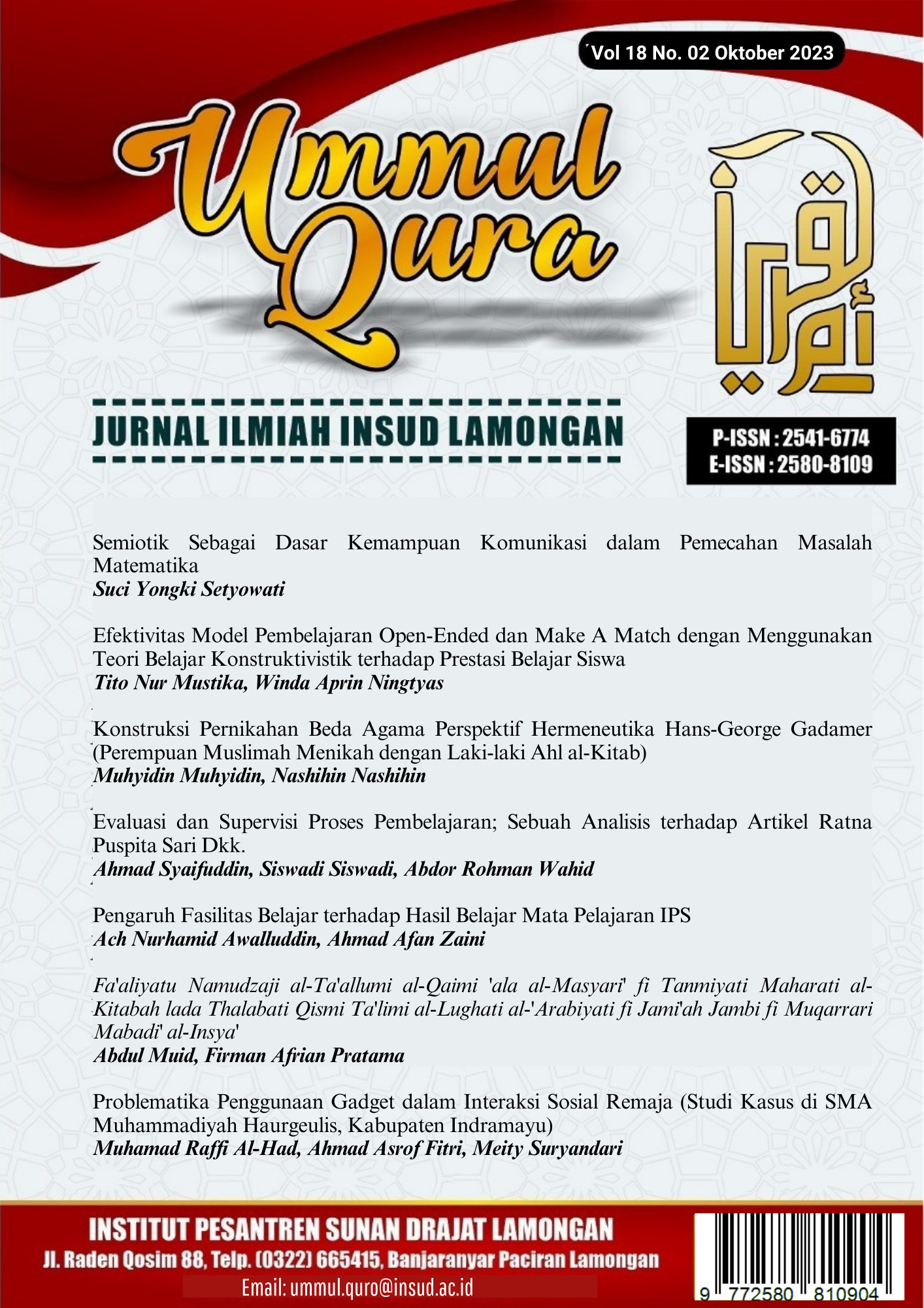 					View Vol. 18 No. 2 (2023): Ummul Qura : Jurnal Ilmiah Institut Pesantren Sunan Drajat (INSUD) Lamongan
				